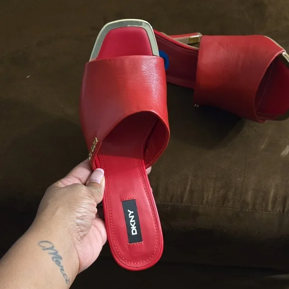 DKNY Red Stiletto Heels with Open-Toe Design - Picture 2 of 3